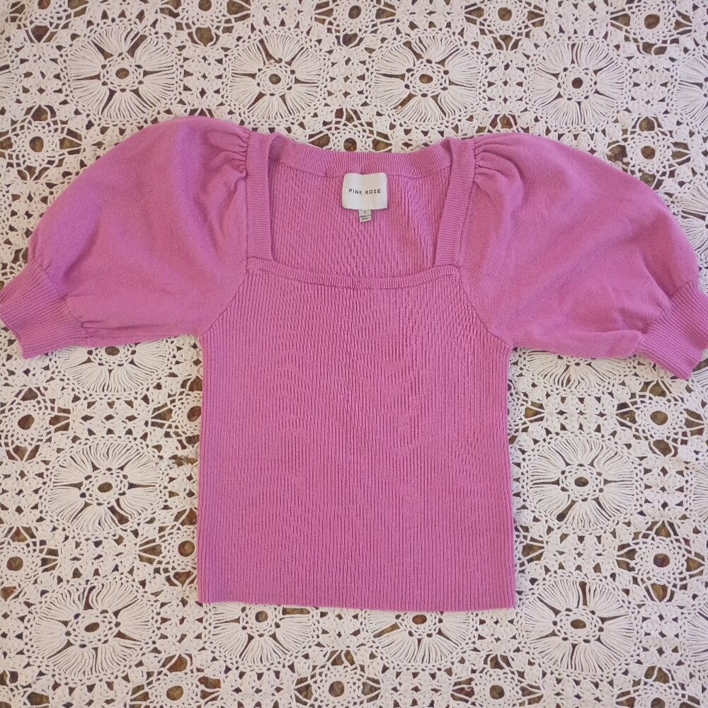 Pink Rose Square Neck Puff Ribbed Sweater